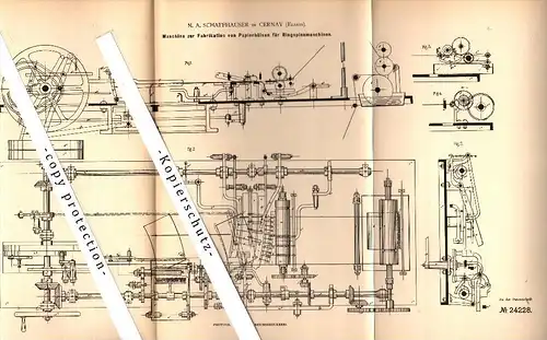 Original Patent -  M.A. Schaffhauser à Cernay / Sennheim , 1882 , Machine pour la fabrication de tubes carton , filature