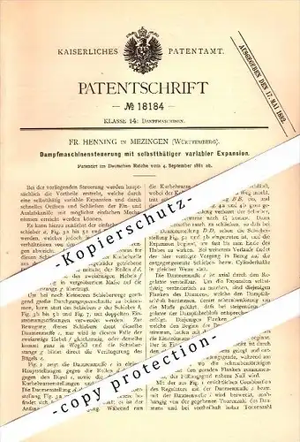 Original Patent - Fr. Henning in Metzingen , 1881 , Dampfmaschinen-Steuerung !!!