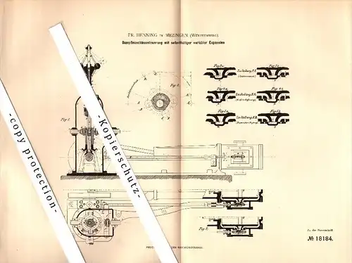 Original Patent - Fr. Henning in Metzingen , 1881 , Dampfmaschinen-Steuerung !!!