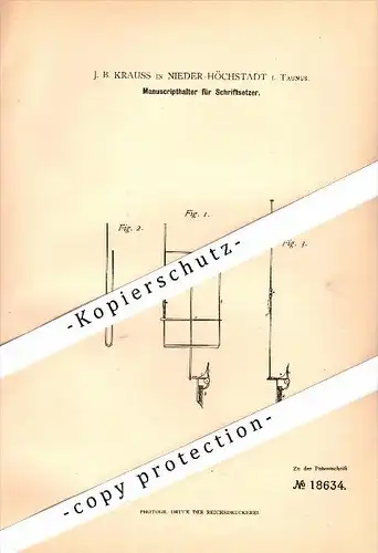 Original Patent - J.B. Krauss in Niederhöchstadt b. Eschborn , 1881 , Manuscripthalter für Schriftsetzer , Druckerei !!!