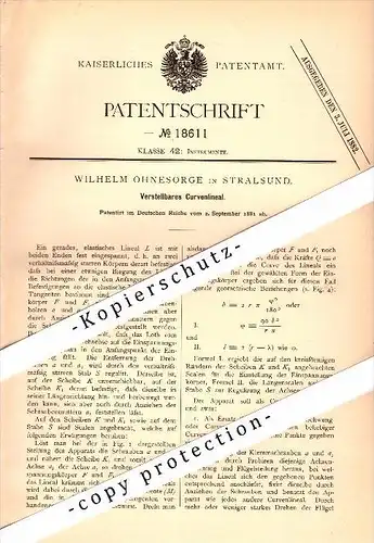 Original Patent - Wilhelm Ohnesorge in Stralsund in Mecklenburg , 1881 , verstellbares Kurvenlineal , Geometrie !!!