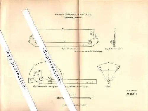 Original Patent - Wilhelm Ohnesorge in Stralsund in Mecklenburg , 1881 , verstellbares Kurvenlineal , Geometrie !!!