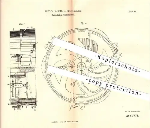 original Patent - Hugo Laissle in Reutlingen , 1888 , Riemscheiben - Formmaschine , Giesserei , Formerei , Formen !!!