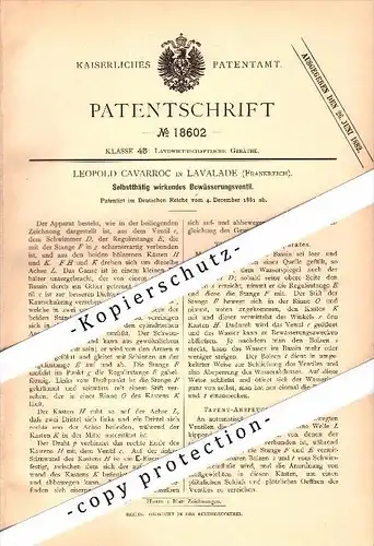 Original Patent - Leopold Cavarroc à Lavalade , 1881 , Valve pour l'irrigation , agriculture !!!