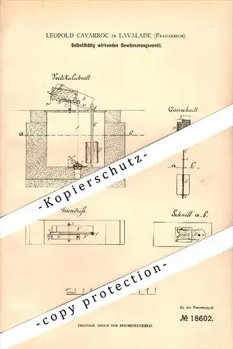 Original Patent - Leopold Cavarroc à Lavalade , 1881 , Valve pour l'irrigation , agriculture !!!