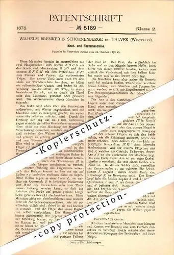 Original Patent - Wilhelm Bremker in Schöneberge b. Halver , 1878 , Knet- und Formmaschine , Bäckerei , Bäcker  !!