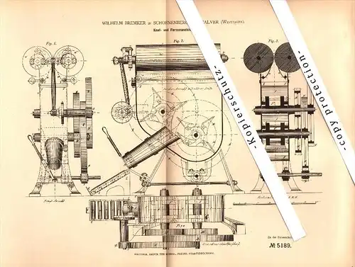 Original Patent - Wilhelm Bremker in Schöneberge b. Halver , 1878 , Knet- und Formmaschine , Bäckerei , Bäcker  !!