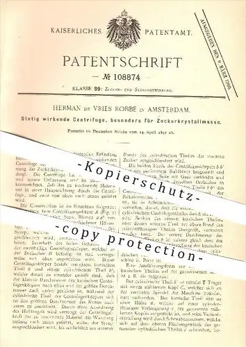 original Patent - Herman de Vries Robbé in Amsterdam , 1897 , Zentrifuge für Zuckerkristallmasse , Zucker , Zuckerfabrik
