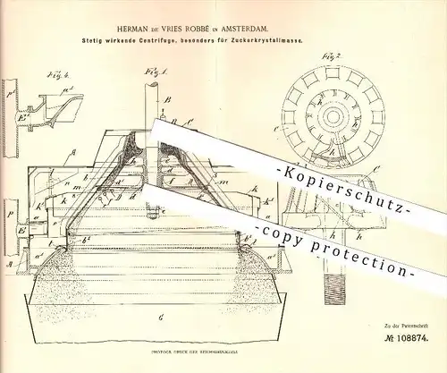 original Patent - Herman de Vries Robbé in Amsterdam , 1897 , Zentrifuge für Zuckerkristallmasse , Zucker , Zuckerfabrik