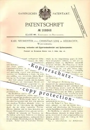 original Patent - Karl Neumeister und Christian Link in Heilbronn , 1899 , Feuerzeug mit Zigarettenabschneider , Feuer !