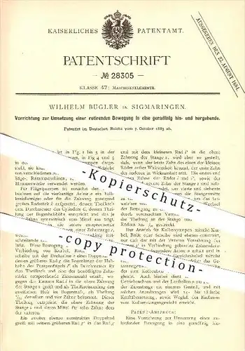 original Patent - Wilhelm Bügler in Sigmaringen , 1883 , Umsetzung einer rotierenden Bewegung , Pumpe , Hammerwerk !!!