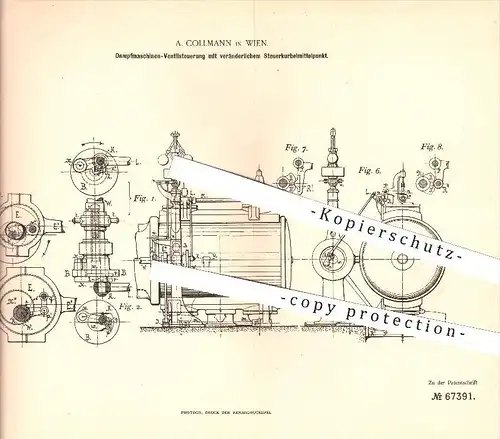 original Patent - A. Collmann in Wien , 1891 , Dampfmaschinen - Ventilsteuerung , Steuerung , Dampf , Fahrzeugbau !!!  !