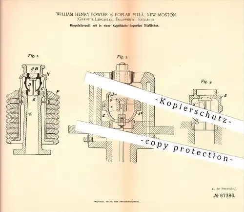 original Patent - William Henry Fowler in Poplar Villa , New Moston , Lancaster , Failsworth , England , 1892 , Ventil !