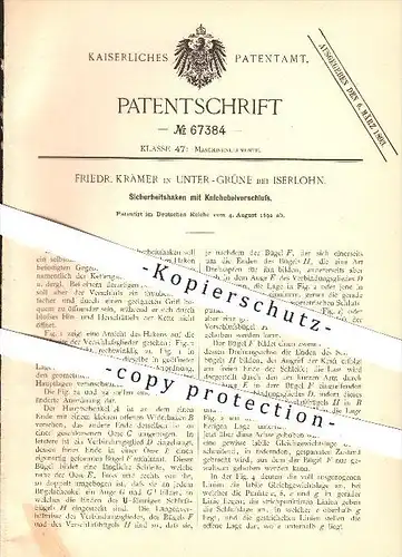original Patent - Friedr. Krämer in Unter-Grüne bei Iserlohn , 1892 , Sicherheitshaken mit Kniehebelverschluss , Kette !