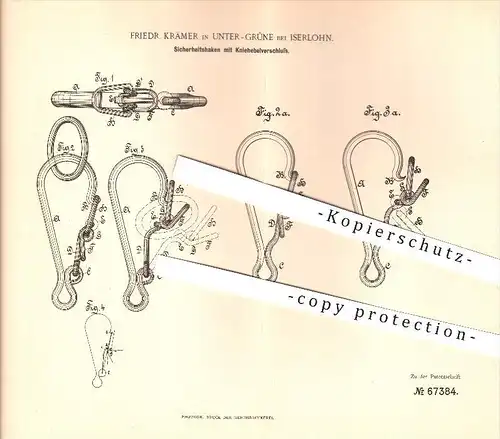 original Patent - Friedr. Krämer in Unter-Grüne bei Iserlohn , 1892 , Sicherheitshaken mit Kniehebelverschluss , Kette !