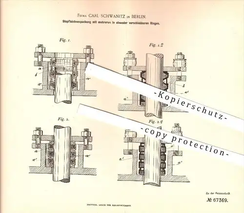 original Patent - Carl Schwanitz in Berlin , 1892 , Stopfbüchsenpackung , Kolbentange, Fahrzeugbau !!!