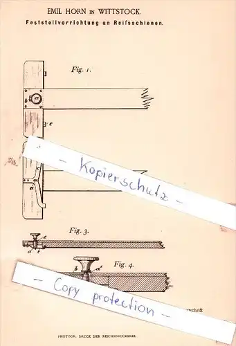 Original Patent -  Emil Horn in Wittstock , 1892 , Feststellvorrichtung an Reißschienen !!!