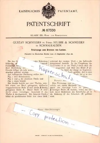 Original Patent - G. Schneider in Firma Stubbe & Schneider in Schmalkalden , 1892 , !!!