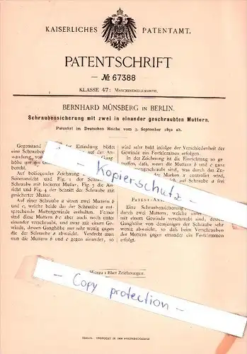 Original Patent - B. Münsberg in Berlin , 1892 , Schraubensicherung mit zwei Muttern !!!