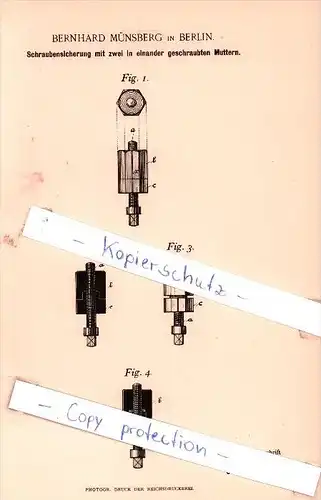 Original Patent - B. Münsberg in Berlin , 1892 , Schraubensicherung mit zwei Muttern !!!