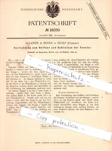 Original Patent - Ellendt & Redes in Stolp , Pommern , 1884 , Schlosserei !!!