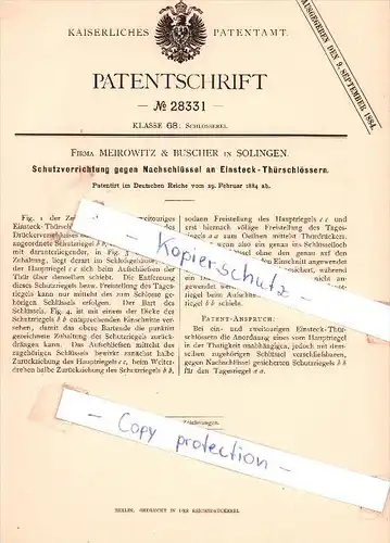 Original Patent - Firma Meirowitz & Buscher in Solingen , 1884 , Schutzvorrichtung gegen Nachschlüssel !!!