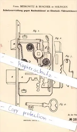 Original Patent - Firma Meirowitz & Buscher in Solingen , 1884 , Schutzvorrichtung gegen Nachschlüssel !!!