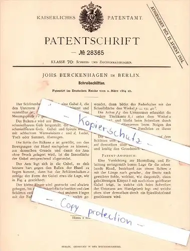 Original Patent - Johs. Berckenhagen in Berlin , 1884 , Schreibschlitten !!!