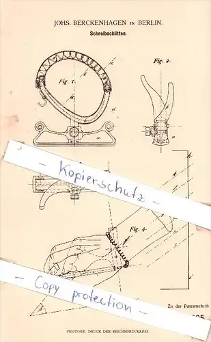 Original Patent - Johs. Berckenhagen in Berlin , 1884 , Schreibschlitten !!!