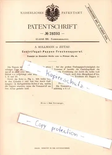 Original Patent - A. Rullmann in Zittau  , 1884 , Centrifugal-Pappen-Trockenapparat !!!