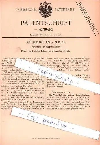 Original Patent - Arthur Bareiss in Zürich , 1886 , Verschluß für Pappschachteln !!!