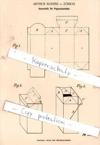 Original Patent - Arthur Bareiss in Zürich , 1886 , Verschluß für Pappschachteln !!!