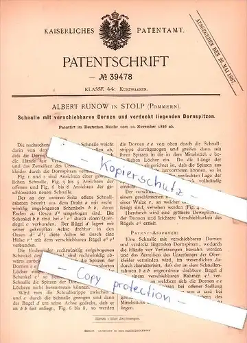 Original Patent - A. Runow in Stolp , Pommern , 1886 , Schnalle mit Dornen und Dornspitzen !!!