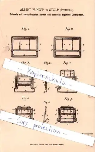 Original Patent - A. Runow in Stolp , Pommern , 1886 , Schnalle mit Dornen und Dornspitzen !!!