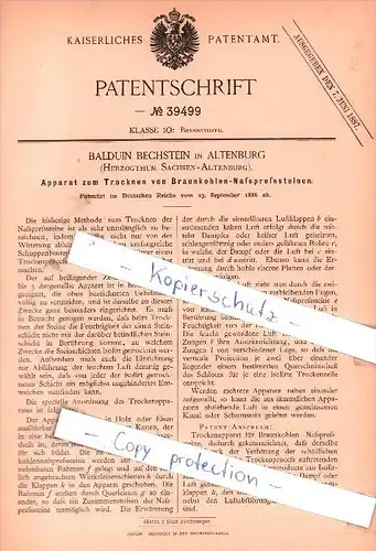 Original Patent - B. Bechstein in Altenburg , 1886 , Trocknen von Braunkohlen-Naßpreßsteinen !!!