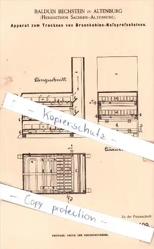 Original Patent - B. Bechstein in Altenburg , 1886 , Trocknen von Braunkohlen-Naßpreßsteinen !!!