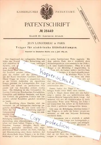 Original Patent - Jean Languereau in Paris , 1883 , Träger für elektrische Glühlichtlampen !!!