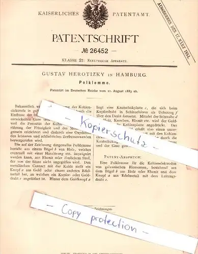 Original Patent - Gustav Herotizky in  Hamburg , 1883 , Polklemme !!!