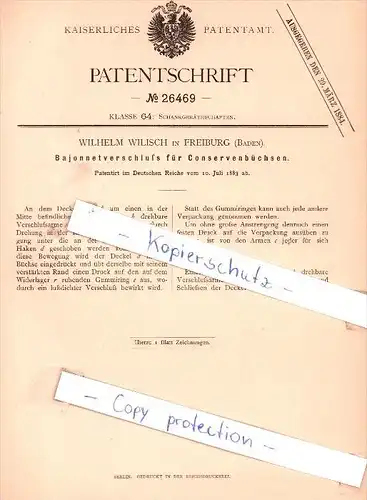 Original Patent - W. Wilisch in Freiburg , Baden , 1883 , Bajonnetverschluß für Conservenbüchsen !!!