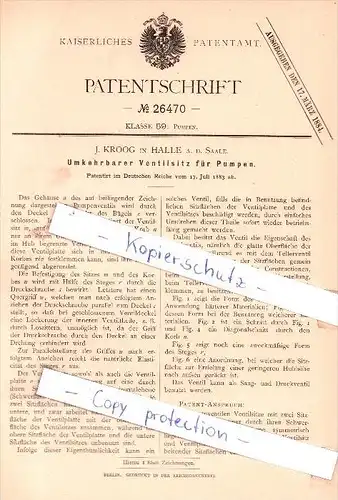 Original Patent -  J. Kroog in Halle a. d. Saale , 1883 , Umkehrbarer Ventilsitz für Pumpen !!!