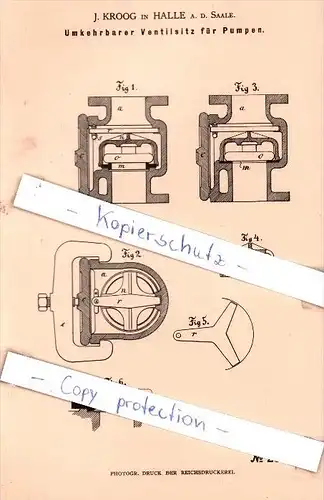 Original Patent -  J. Kroog in Halle a. d. Saale , 1883 , Umkehrbarer Ventilsitz für Pumpen !!!