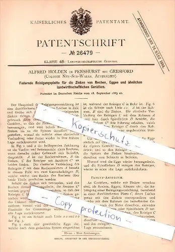 Original Patent - A. Holden in Penshurst bei Gresford , 1883 , Reinigungsplatte für die Zinken von Rechen !!!