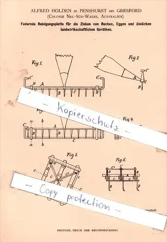 Original Patent - A. Holden in Penshurst bei Gresford , 1883 , Reinigungsplatte für die Zinken von Rechen !!!