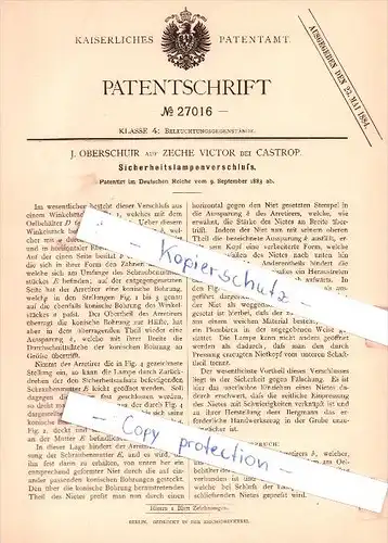 Original Patent - J. Oberschuir auf Zeche Victor bei Castrop , 1883 , Sicherheitslampenverschluß !!!