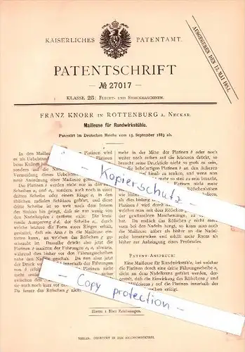 Original Patent - Franz Knorr in Rottenburg a. Neckar , 1883 , Mailleuse für Rundwirkstühle !!!