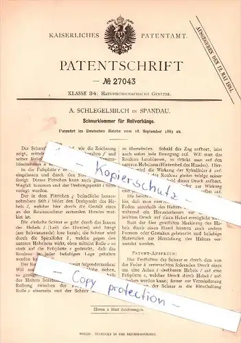 Original Patent - A. Schlegelmilch in Spandau , 1883 , Schnurklemmer für Rollvorhänge , Berlin !!!