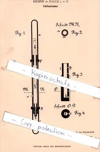 Original Patent - Kempin in Halle a. d. S. , 1883 , Füllfederhalter , Federhalter !!!