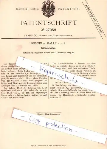 Original Patent - Kempin in Halle a. d. S. , 1883 , Füllfederhalter , Federhalter !!!