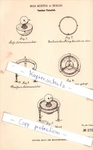 Original Patent - Max Küster in Berlin , 1883 , Taschen-Tintenfaß !!!