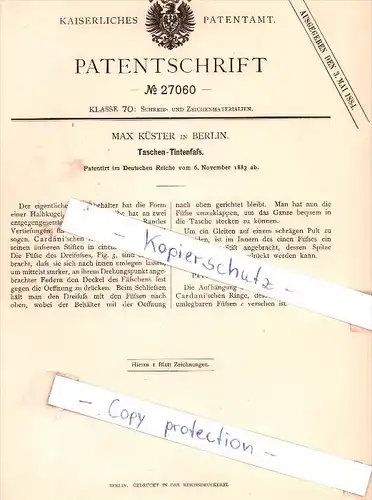 Original Patent - Max Küster in Berlin , 1883 , Taschen-Tintenfaß !!!
